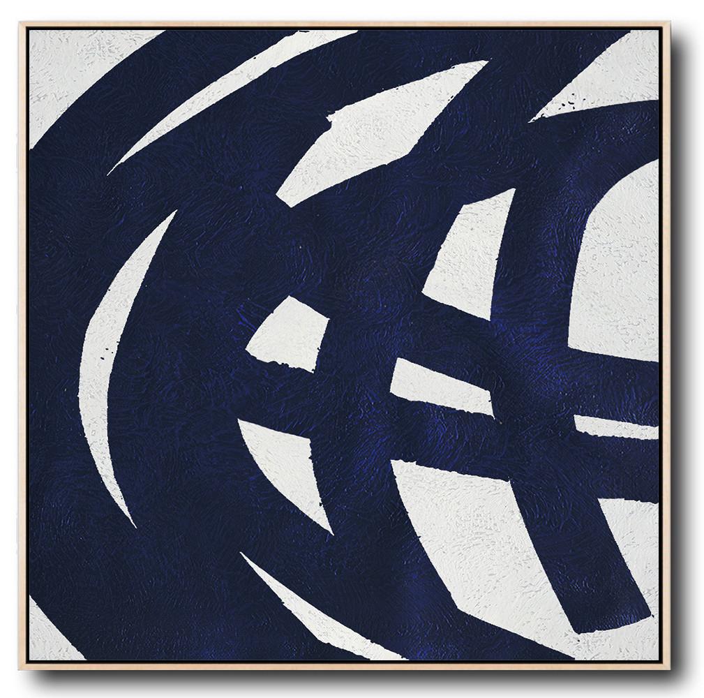 Minimalist Navy Blue And White Painting - Abstract Art Gallery Large